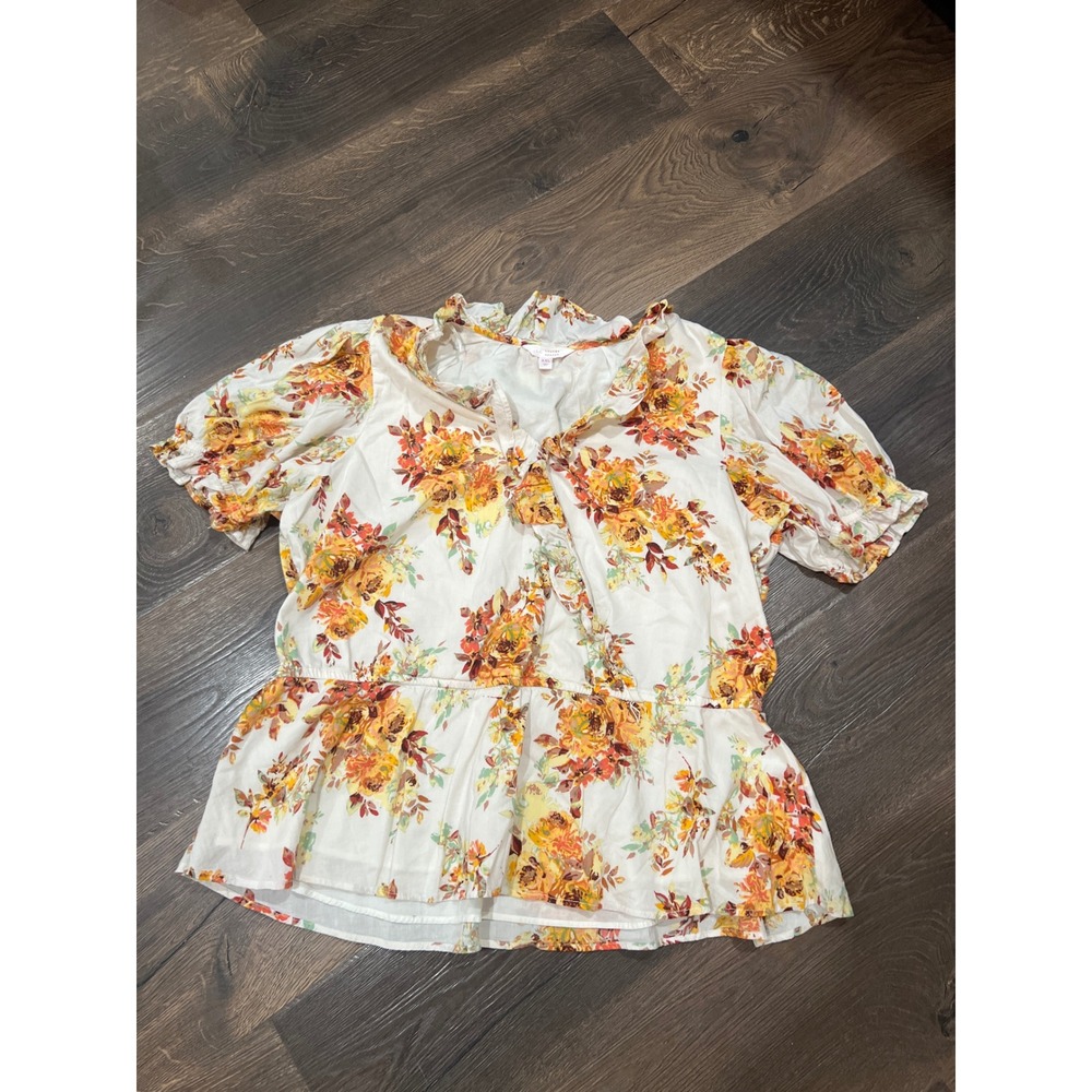 LC Lauren Conrad XXL‎ Floral Peplum Blouse Short Sleeve Women Top White Orange